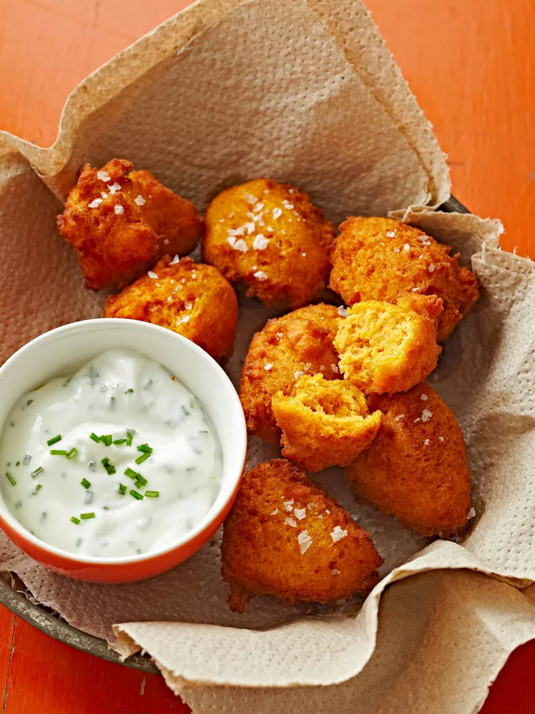 Sweet Potato Fritters with Yogurt Chive Dipping Sauce