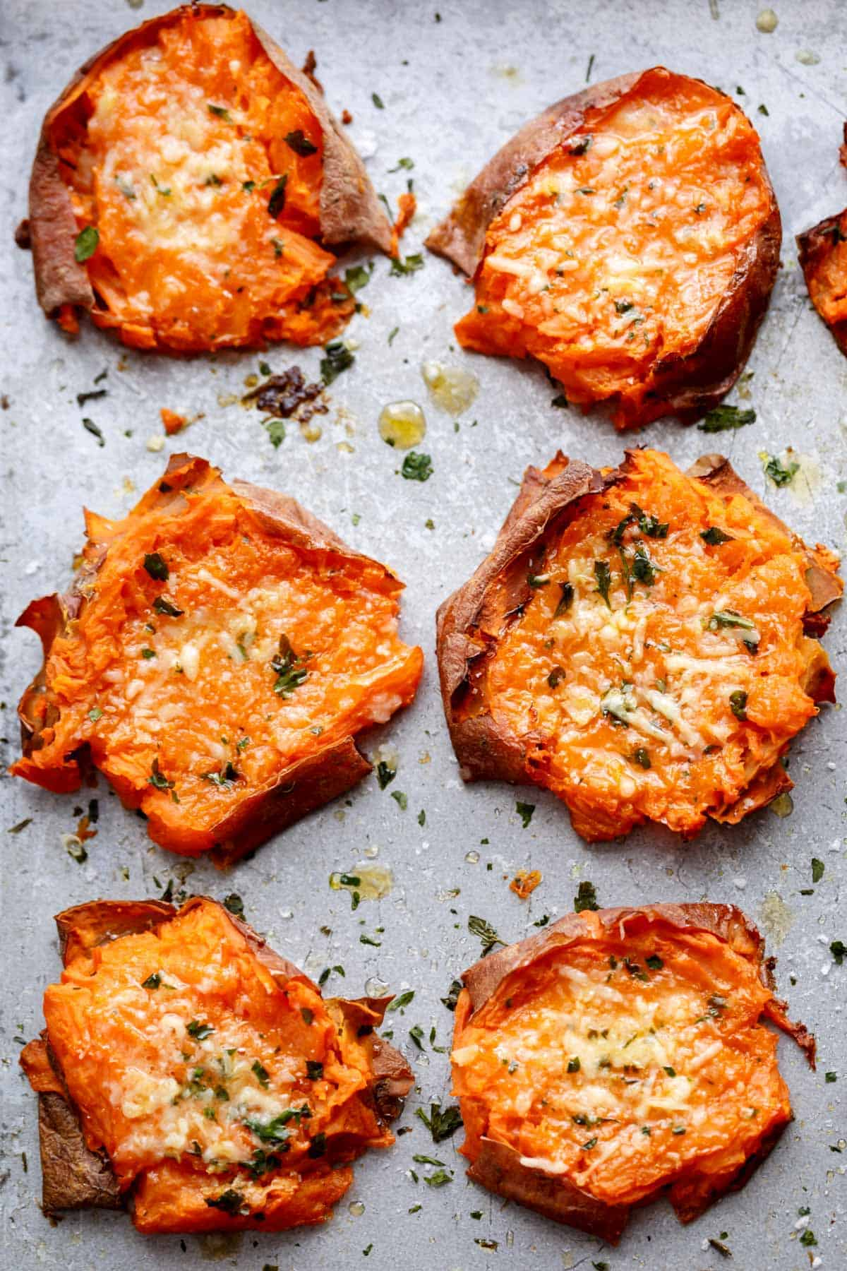 1. Garlic Butter Smashed Sweet Potatoes With Parmesan