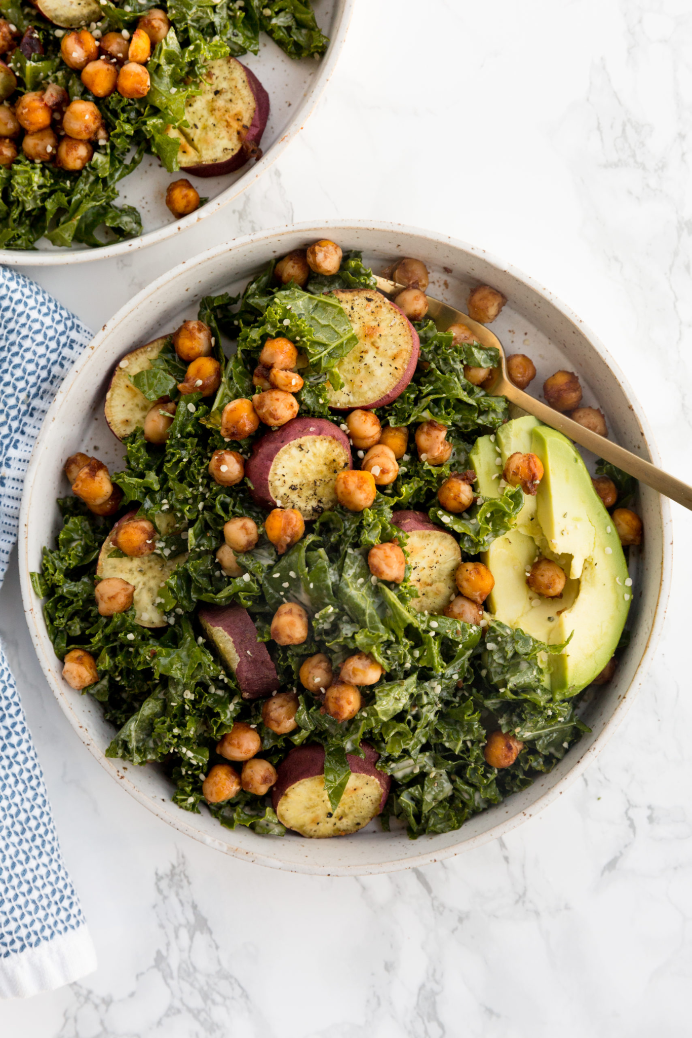 BBQ Chickpea and Sweet Potato Kale Caesar Salads