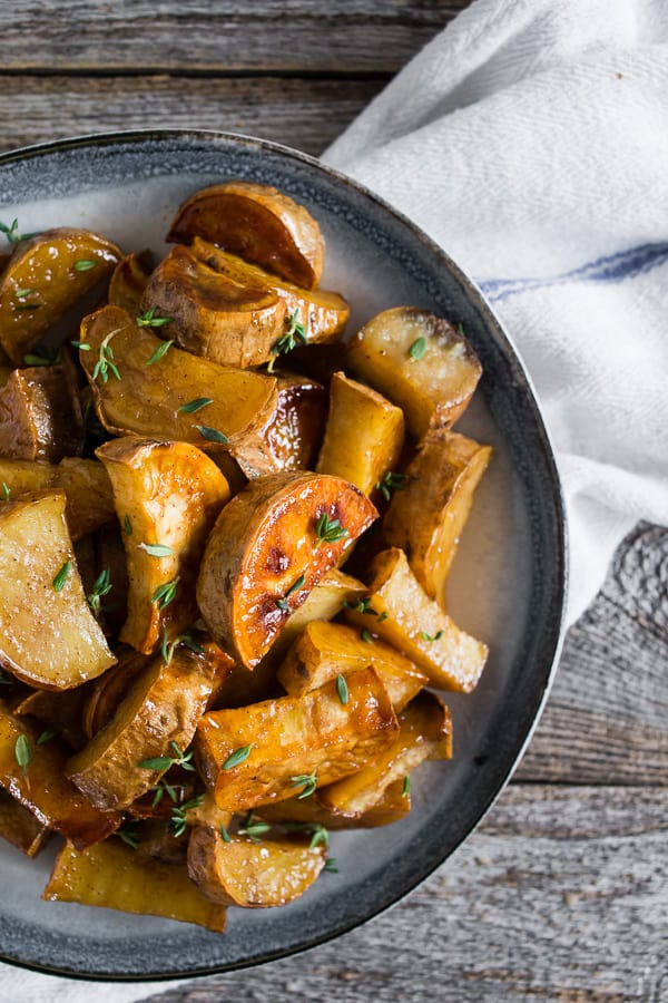 Roasted White Sweet Potatoes with Honey Cinnamon Glaze