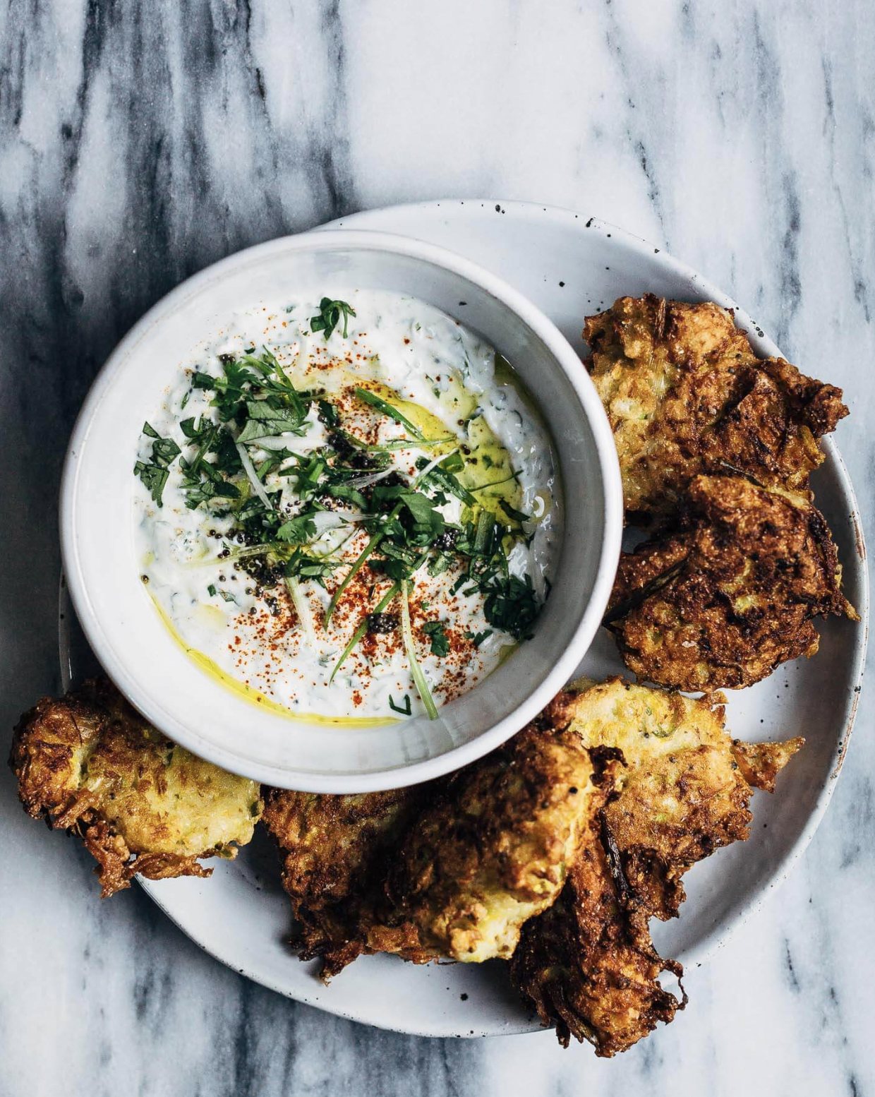 Summer Squash Fritters With Green Onion Raita