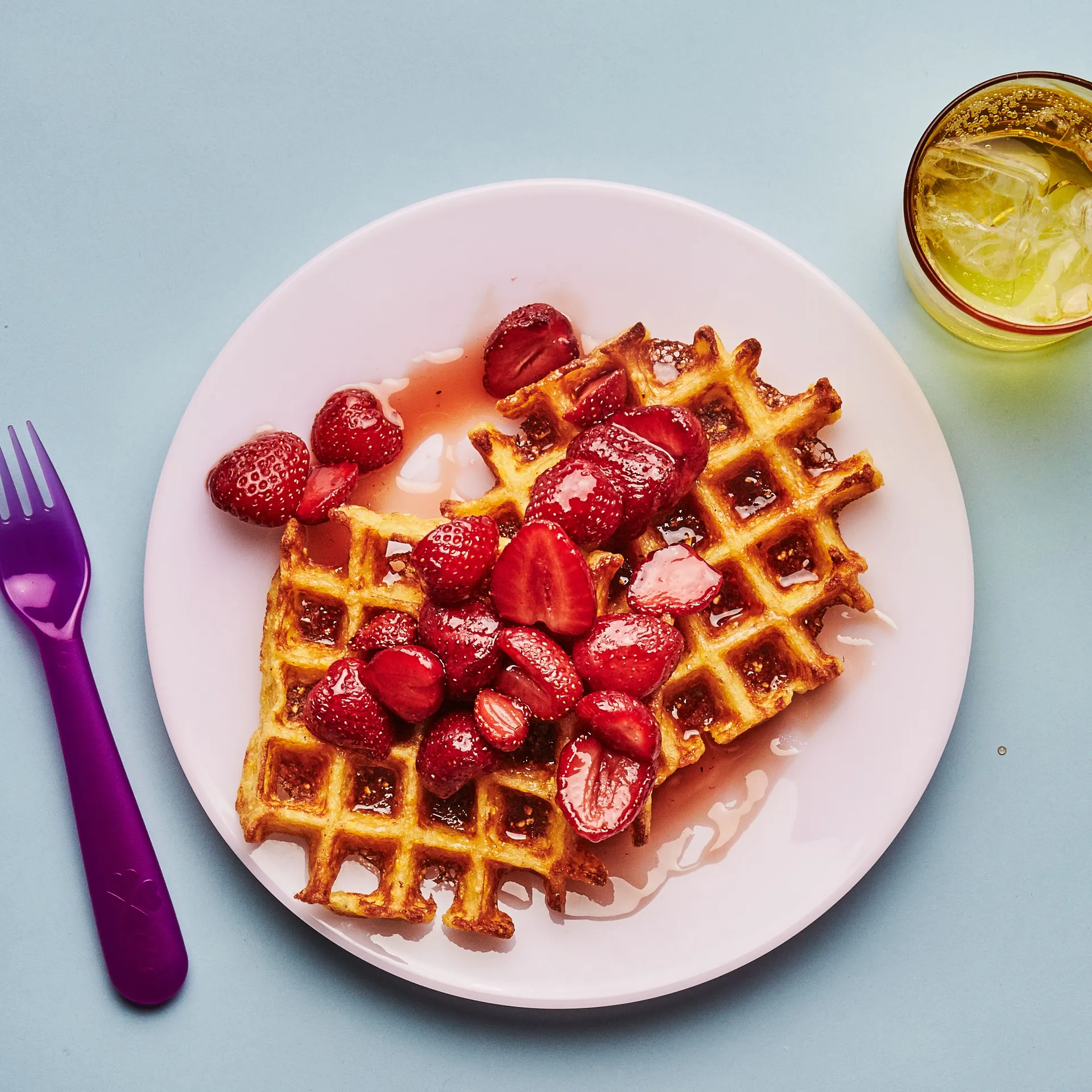 Golden Corn Waffles with Strawberry Syrup